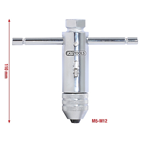 Metallischer Gewindebohrer mit drehbarem Griff. Aufschrift: KS TOOLS; M5-M12. Maße: 110 mm.