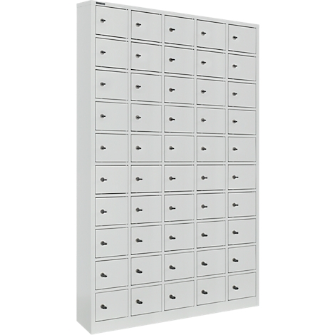 Wertfachschrank, 50 FÃ¤cher, TÃ¼ren mit ZylinderschlÃ¶ssern inkl. SchlÃ¼sseln & HauptschlÃ¼ssel, B 980 x T 200 x H 1530 mm, Stahlblech, lichtgrau RAL 7035