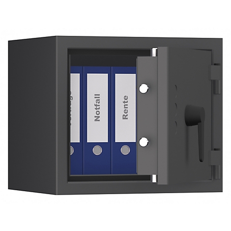 Ein geöffneter Tresor mit blauen Ordnern. Auf den Ordnern stehen die Begriffe Notfall und Rente.