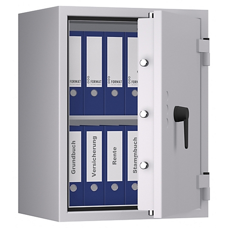 Ein silberner Tresor, dessen Tür geöffnet ist und blaue Ordner mit Beschriftungen wie „Grundbuch“, „Versicherung“ und „Rente“ zeigt.