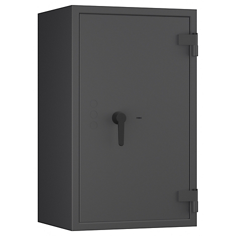 Ein grauer Tresor steht vor weißem Hintergrund. Er hat einen Griff, Scharniere und ein kleines Bedienfeld.