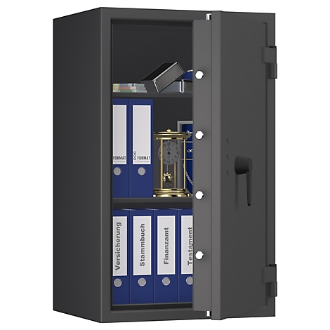 Grauer Tresor, halb geöffnet. Im Inneren befinden sich Ordner und eine goldene Uhr.