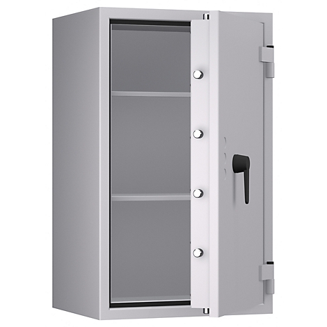 Ein geöffneter, grauer Tresor mit drei Regalböden. Die Tür ist geöffnet und zeigt die Innenausstattung. Schwarzer Griff und silberne Verschlüsse.