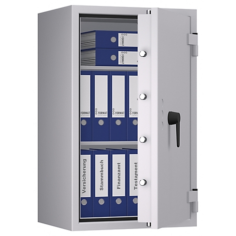 Grauer Tresor, offene Tür, gefüllt mit blauen Ordnern. Beschriftungen: Versicherung, Stammbuch, Finanzamt, Testament.