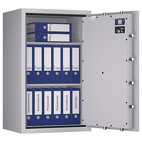 Offener Tresor mit Aktenordnern, Tür leicht geöffnet. Blaue Ordner mit Beschriftungen.