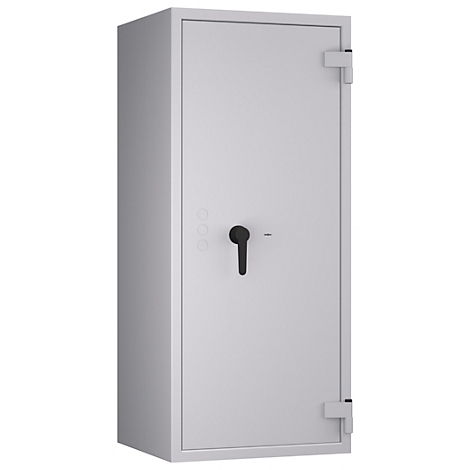 Grauer Tresor vor weißem Hintergrund. Schwarzer Griff und Scharniere.