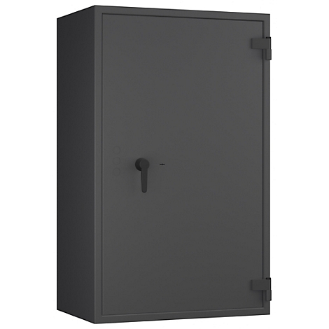 Ein grauer Tresor mit Griff und Scharnieren. Die Tür ist geschlossen.