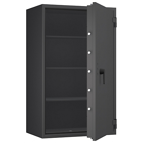 Grauer Tresor, halb geöffnet. Innen mit drei Regalböden, Tür mit Griff und weißen Befestigungen.