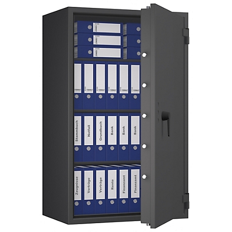 Ein geöffneter, grauer Tresor mit blauen Ordnern. Einige Ordner haben weiße Beschriftungen mit deutschen Begriffen.