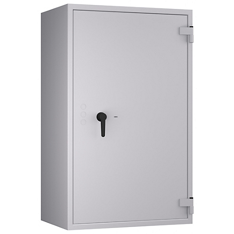 Grauer Tresor vor neutralem Hintergrund. Schwarzer Griff und drei Knöpfe auf der linken Seite. Tür mit Scharnieren auf der rechten Seite.