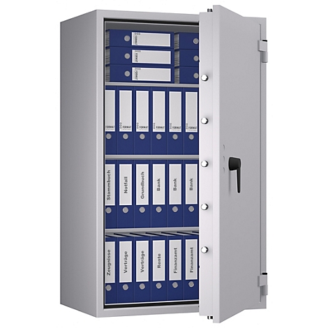 Grauer Tresor mit geöffneter Tür, gefüllt mit blauen Ordnern. Auf den Ordnern stehen Begriffe wie "Verträge" oder "Bank".