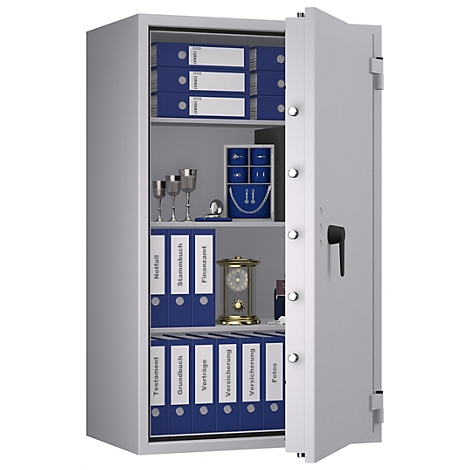 Offener Stahlschrank mit Ordnern, Akten und einer Uhr.