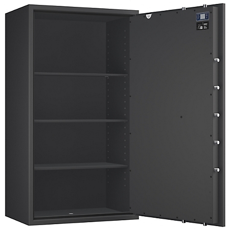 Dunkelgrauer Tresor mit offener Tür. Innenregale sichtbar. Details wie Scharniere und digitales Bedienfeld.