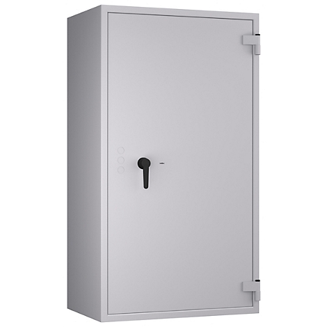 Grauer Tresor vor weißem Hintergrund. Schwarzer Griff und Zahlencode sichtbar.