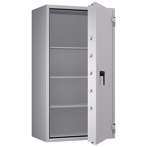 Grauer Tresor mit geöffneter Tür, Innenraum mit Einlegeböden. Schwarzer Türgriff und Scharniere.