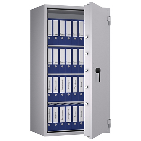 Grauer Tresor mit geöffneter Tür, gefüllt mit blauen Ordnern. Auf den Ordnern stehen Beschriftungen.