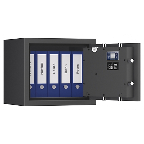 Geöffnete schwarze Tresortür mit blauen Ordnern beschriftet mit Notfall, Rente, Bank, Fotos.