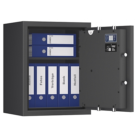 Tresor mit offener Tür. Im Inneren blaue Ordner mit Beschriftungen wie "Rente", "Fotos" und "Notfall".