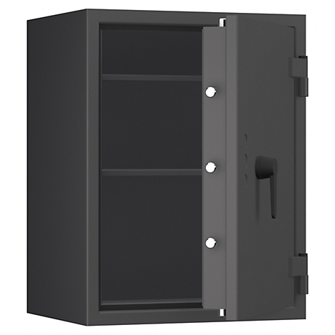 Ein geöffneter, grauer Tresor mit zwei Regalen, die Tür mit Griff und weißen Knöpfen.