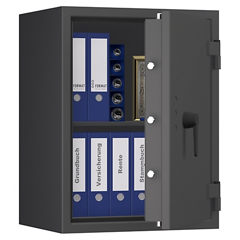 Grauer Tresor, offene Tür, gefüllt mit Ordnern und Wertgegenständen.