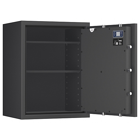 Grauer Tresor, offene Tür, zwei Einlegeböden. Auf der Innenseite der Tür ist ein Bedienfeld.