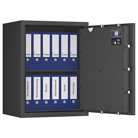 Ein geöffneter Tresor mit blauen Ordnern. Auf den Ordnern stehen Begriffe wie 'Grundbuch' und 'Versicherung'.