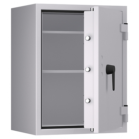 Grauer Tresor, offene Tür, mit Regalböden. Der Griff ist schwarz.