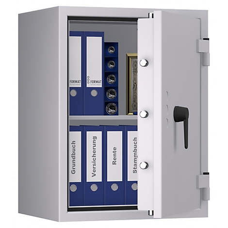 Ein geöffneter Tresor mit Ordnern, das Türschloss ist sichtbar. Beschriftet mit Grundbuch, Versicherung, Rente und Stammbuch.