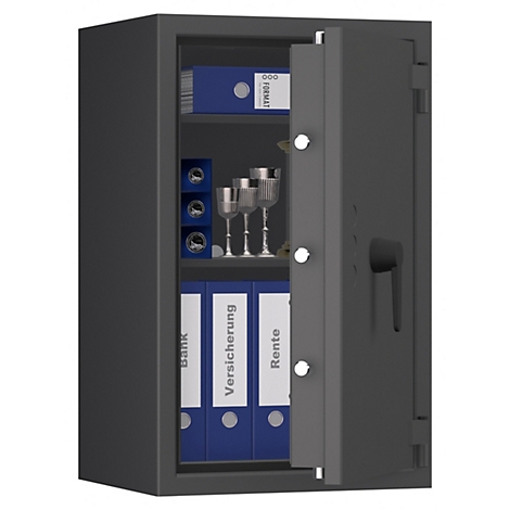 Ein geöffneter Tresor mit Ordnern und Gläsern. Die Ordner sind mit "Bank", "Versicherung" und "Rente" beschriftet.