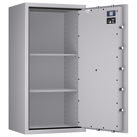 Ein geöffneter, grauer Tresor mit zwei Regalen. Auf der Tür sind ein Bedienfeld und runde Schrauben zu sehen.