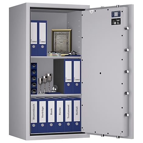 Offener Tresor mit Aktenordnern und Wertgegenständen. Der Tresor ist grau, die Ordner blau und beschriftet.