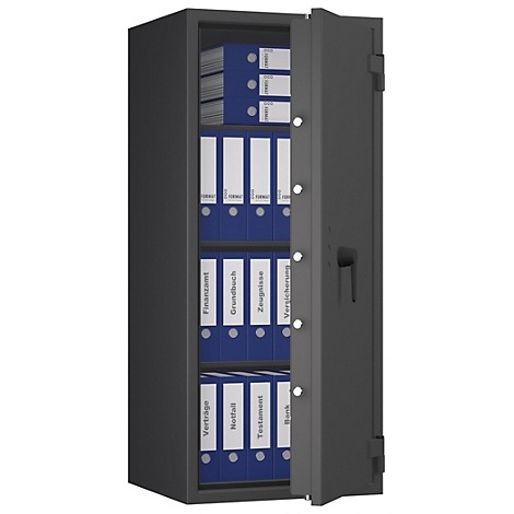 Ein geöffneter, grauer Tresor mit blauen Ordnern. Auf den Ordnern sind weiße Etiketten mit Beschriftungen wie "Finanzamt", "Verträge" und "Testament" zu sehen.