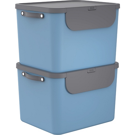 Blaue Aufbewahrungsbox mit grauem Deckel und Griff, vor weissem Hintergrund.