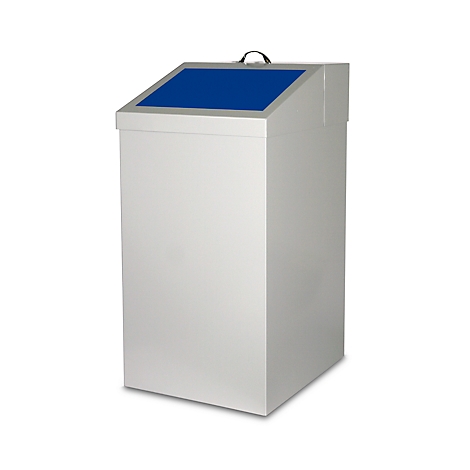 Grauer Mülleimer mit blauem Deckel. Ein Griff ist oben am Deckel angebracht.