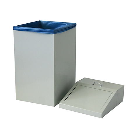 Grauer Mülleimer mit blauer Innenauskleidung und separatem Deckel.