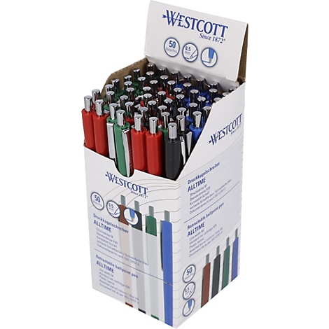 Displaybox gevuld met diverse gekleurde Westcott pennen. Boven: logo, daaronder 50 pennen, 0,5 mm punt. "ALLTIME"