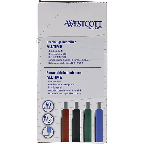 Verpakking van balpennen van het merk Westcott. Blauwe tekst en gekleurde pennen.