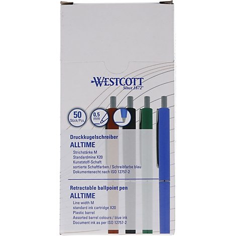 Een verpakking met vier balpennen in verschillende kleuren. Het woord "WESTCOTT" en andere productinformatie zijn zichtbaar.