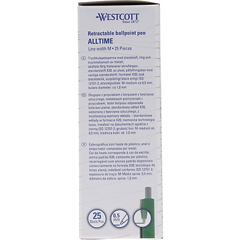 Een productverpakking van het merk Westcott. Opschrift: 'Retractable ballpoint pen ALLTIME' met technische details. Rechtsonder een illustratie.