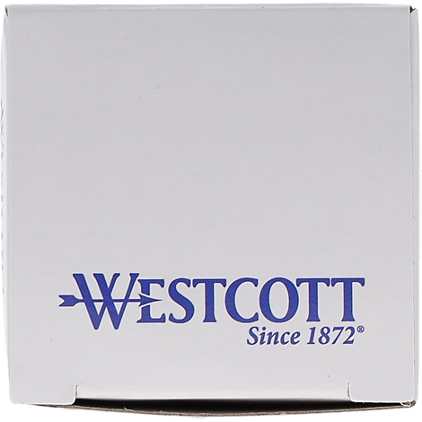 Close-up van een witte doos met een blauw Westcott-logo, pijl en tekst 'Since 1872'.