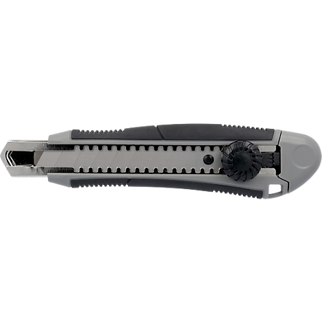 A gray utility knife, lying on a white surface, with its blade extended.