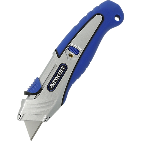 A blue and silver utility knife with black lettering 'WESTCOTT'.