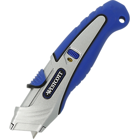 Blue and silver utility knife with the text "WESTCOTT".