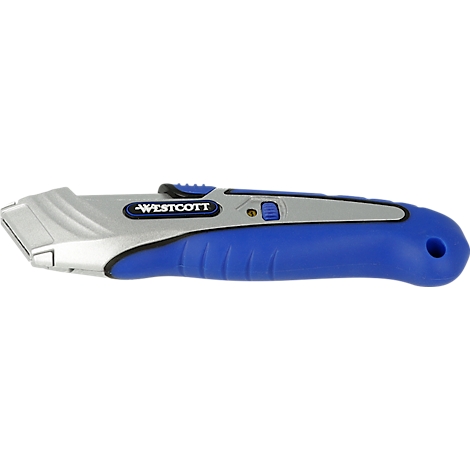 A silver and blue Westcott utility knife, partially open. The handle is blue, the rest silver-gray. Inscription 'WESTCOTT'.