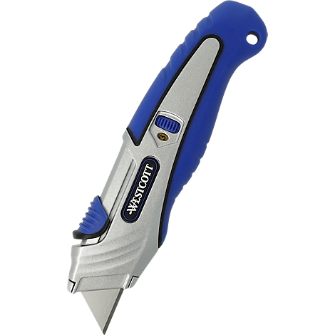 Blue and silver utility knife. Blue handle, metal blade. Inscription: WESTCOTT.