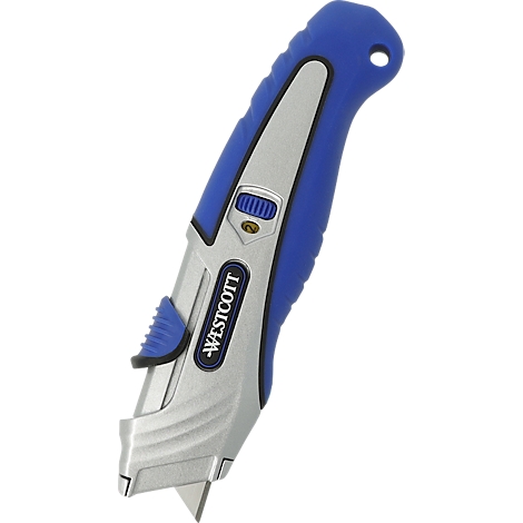 Blue and silver Westcott utility knife. Blue handle, silver blade and casing. 'Westcott' text.