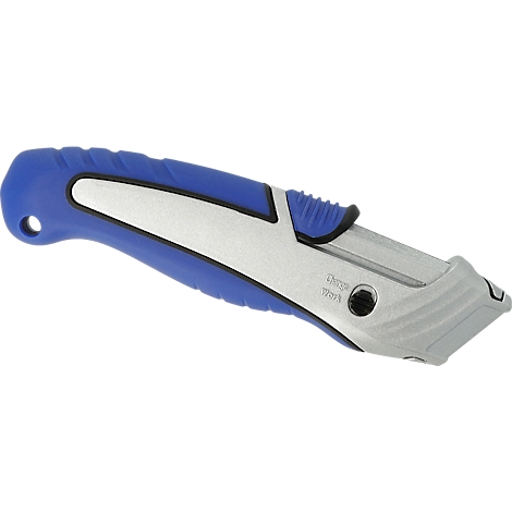 A blue and silver utility knife. The handle is blue, the blade holder silver. Lettering is visible on the blade.