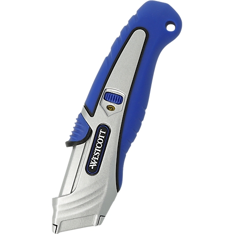 Blue and silver Westcott utility knife. The handle has a blue rubberized surface. The knife is partially extended.