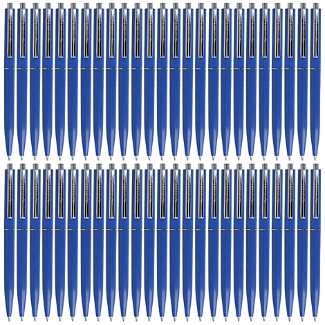 Reihe blauer Kugelschreiber, angeordnet in Reihen und Spalten.