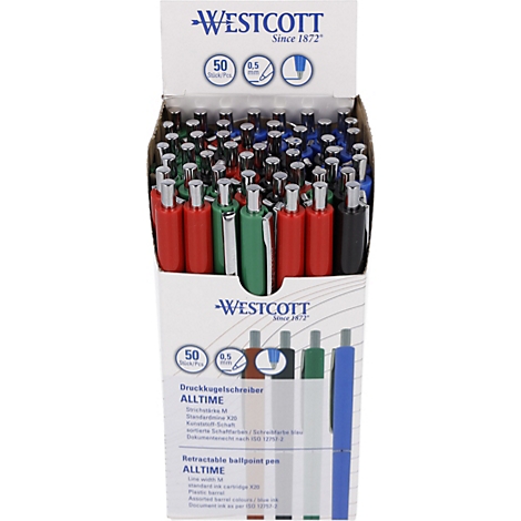 Display mit Kugelschreibern in verschiedenen Farben; Schriftzug Westcott, Alltime, 50 Stück.